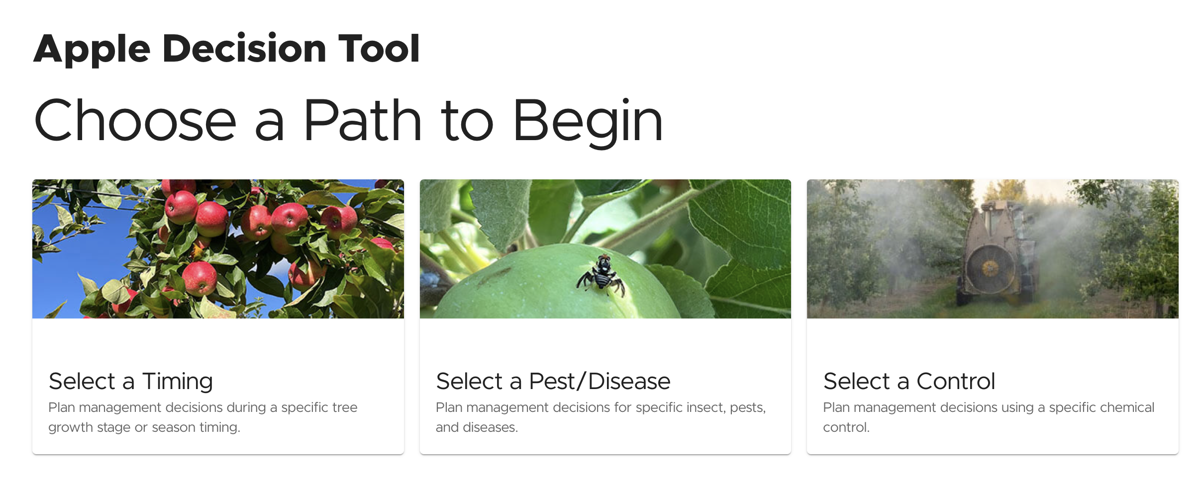 Apple Decision Tool homepage with three options: Select a Timing, Select a Pest/Disease or Select a Control. Each option is illustrated with an orchard-related photo.